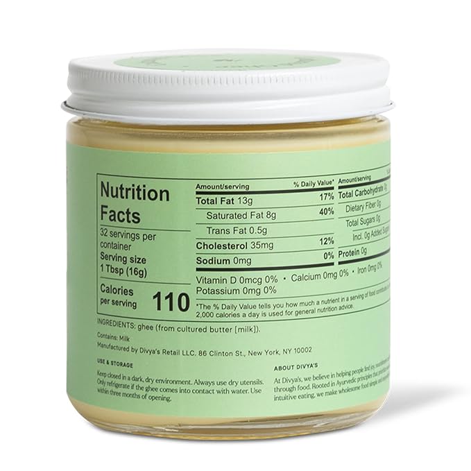 Divya's Cultured Ghee - 16 oz Grass-Fed Ghee Clarified Butter - Great For Cooking Meals & Promotes Gut Health - Non-GMO, Gluten Free, Keto Friendly, Ayurvedic Ghee Butter