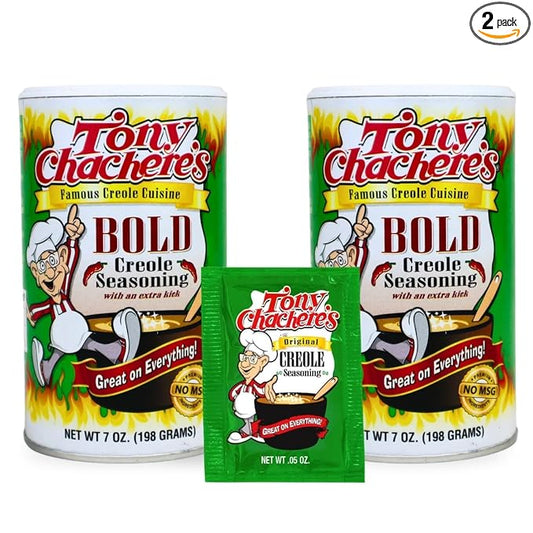 Tony Chachere's Creole and Cajun Seasoning Canisters (2 Pack + Packet) (2 Pack, Bold)