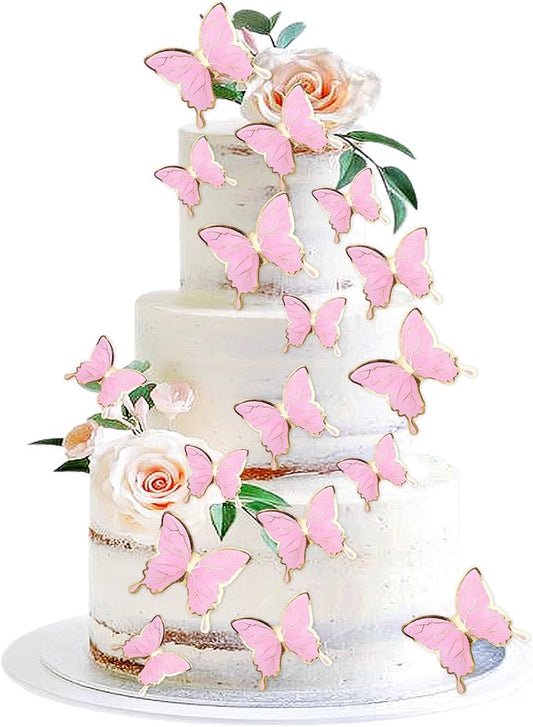 30PCS Butterfly Cake Toppers 3D Pink Gold Tail Butterfly Birthday Party Cupcake Toppers Decorations for Anniversary Wedding Party Baby Shower Supplies Wall Decor