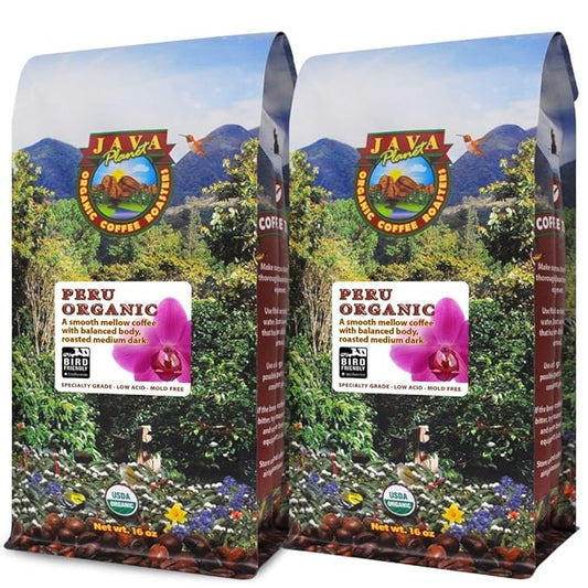 Low Acid Organic Coffee ??Whole Bean, Mold-Free & Stomach Friendly by Java Planet, Peruvian Single Origin Coffee, Medium Dark Roast, Smooth Full Flavored, 2x1LB Bag