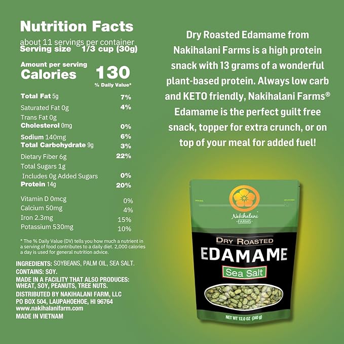 Dry Roasted Edamame Beans Snack by Nakihalani Farm ??Sea Salt (12 oz) Non-GMO Crunchy Soybeans Plant-based High Protein Snack for Adults & Kids Gluten-Free, Nut-Free, Vegan Snack in Resealable Bag