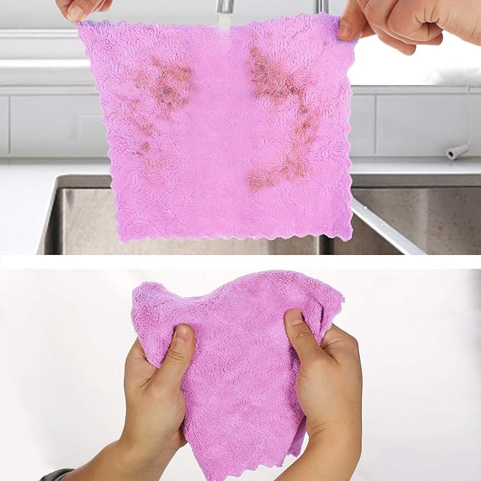 kimteny 12 Pack Dish Towels, 10x10 in Premium Dish Cloths, Super Absorbent Kitchen Towels Coral Velvet Dishcloths Nonstick Oil Fast Drying Washcloths (Purple-Grey)