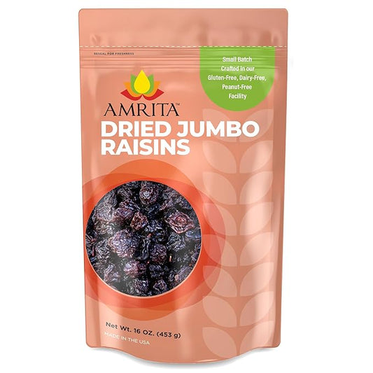 Amrita Dried Jumbo Raisins 1 lb | Naturally Sweet, Gluten-Free Snack | Dried Grapes Packed Fresh in Resealable Bags | Vegan, non-GMO, Allergen Friendly Healthy Snacks | Ideal for Trail Mix