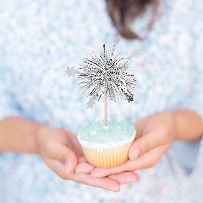 Rsstarxi 30 Pack Foil Firework Cupcake Toppers Sparkle Tinsel Drink Birthday Cake Decorations Cocktail Food Fruit Toothpick for New Years Wedding Birthday Party Decorations Silver