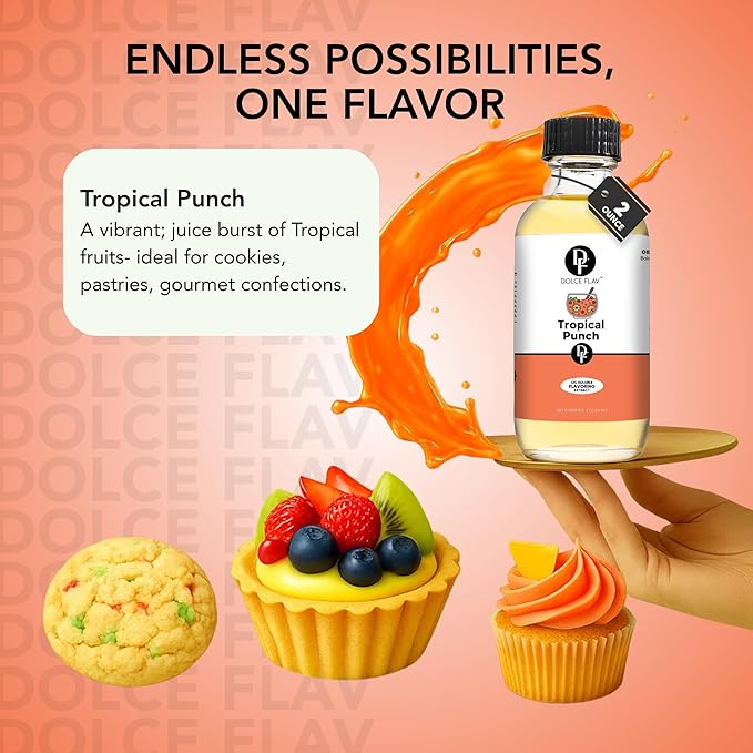 Dolce Flav Tropical Punch Extract ??2 Ounce Oil-Soluble Kosher, Sugar-Free, Concentrated Fruity Tropical Punch Flavoring for Baking, Smoothies & Desserts, Includes Measured Dropper