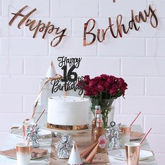 1 PCS Happy 16th Birthday Cake Topper Glitter Cheers to 16 Years Birthday Cake Pick Sixteen Sweet 16 Cake Decoration for Happy 16th Birthday Anniversary Theme Party Decorations Supplies Black