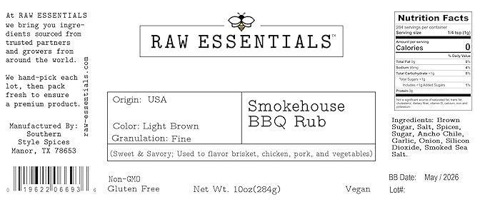 Raw Essentials Smokehouse BBQ Rub ??Sweet and Savory ??Use to Season Brisket, Chicken, Pork, and Vegetables ??Non-GMO, Gluten Free, Vegan ??10 Ounce Bottle