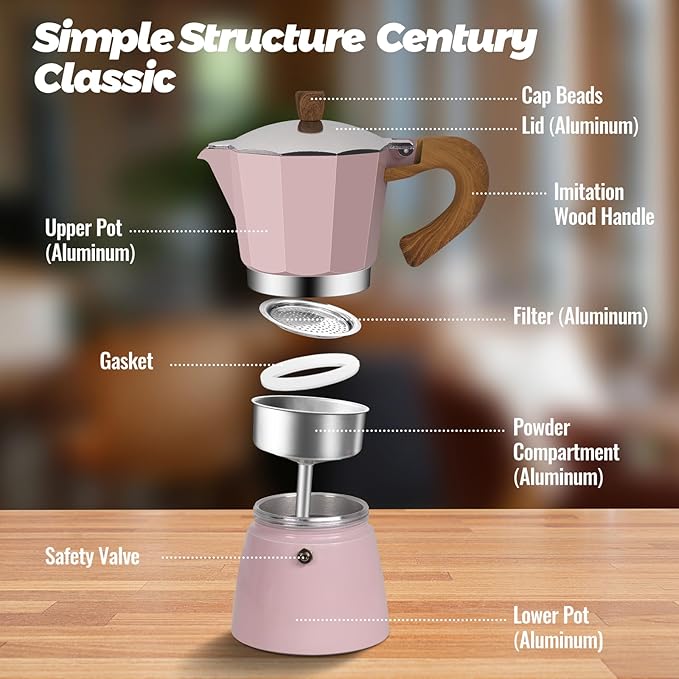 3 Cup Aluminum Moka Pot Classic Stovetop Espresso Coffee Maker 150ml 5oz Coffeemaker Percolator Mocha Pot Greca Coffee Maker Cafe Makers for Italian and Cuban Cafì±?Brewing Pink