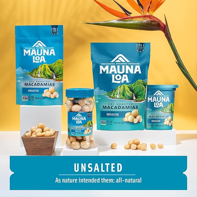 Mauna Loa Premium Hawaiian Roasted Macadamia Nuts, Unsalted Flavor 4 Oz (Pack of 6)