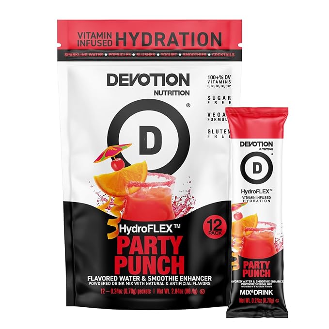 Devotion Nutrition HydroFLEX Water Flavoring Packets ??Sugar-Free Hydration with Vitamins & Electrolytes ??Dye-Free, Gluten-Free (Party Punch) 12-Pack Drink Mix