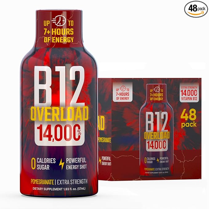 B12 Overload Extra Strength Energy Shot ??Pomegranate ??260mg Caffeine, 14000% B12, Electrolytes ??Energy & Vitality Support ??Zero Sugar No Calories ??Vegan, Kosher, Gluten-Free ??1.93 fl oz, 48-Pack