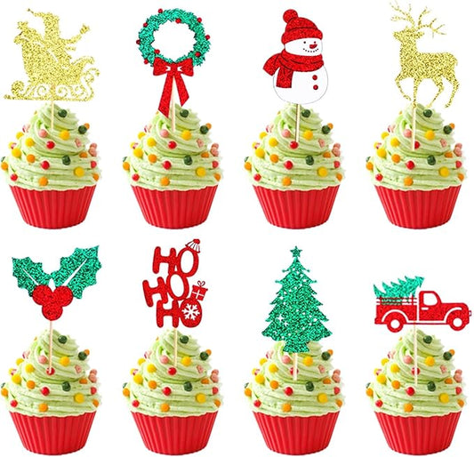24Pcs Merry Christmas Cake Topper HO HO Christmas Cupcake Toppers Snowman Xmas Tree Deer Cupcake Picks for Xmas Holiday Birthday Party Baking Supplies Cake Decorations