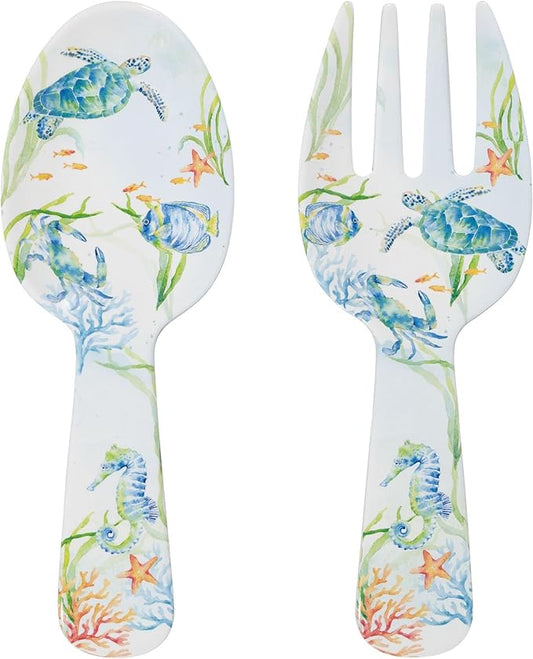 UPware Sea Life Serenade Melamine Salad Servers, Serving Utensil Set, Includes Serving Fork and Spoon for Tossing Salad, Pasta, Multicolor, 10.75 Inch, Set of 2