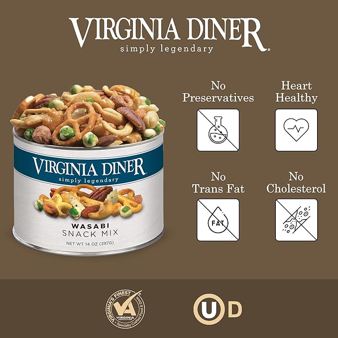 Virginia Diner - Wasabi Snack Mix 14oz Resealable Can of the Perfect Bar Mix for Snacking Sharing or Gifting