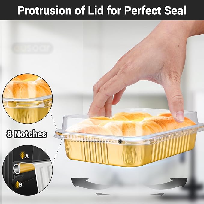 EUSOAR Creme Brulee Ramekins Disposable, Gold 20oz 50pcs Aluminum Foil Mini Cake Bread Pans, Muffin Baking Cups with Lids for Baking, Square Cupcake Pans, Muffin Liners Cups Dessert Containers