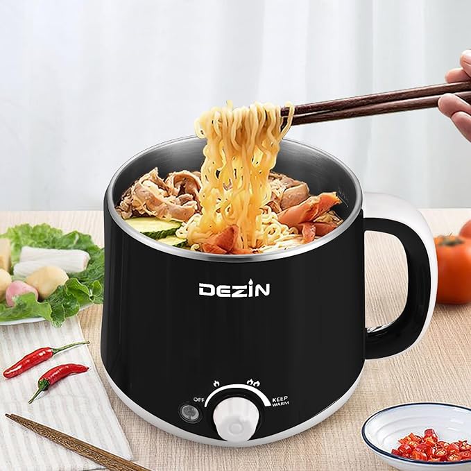 Dezin Hot Pot Electric with Steamer, Rapid Noodles Cooker, Stainless Steel Electric Pot 1.6 Liter, Perfect for Ramen, Egg, Dumpling, Soup, Oatmeal with Temperature Control and Keep Warm Function