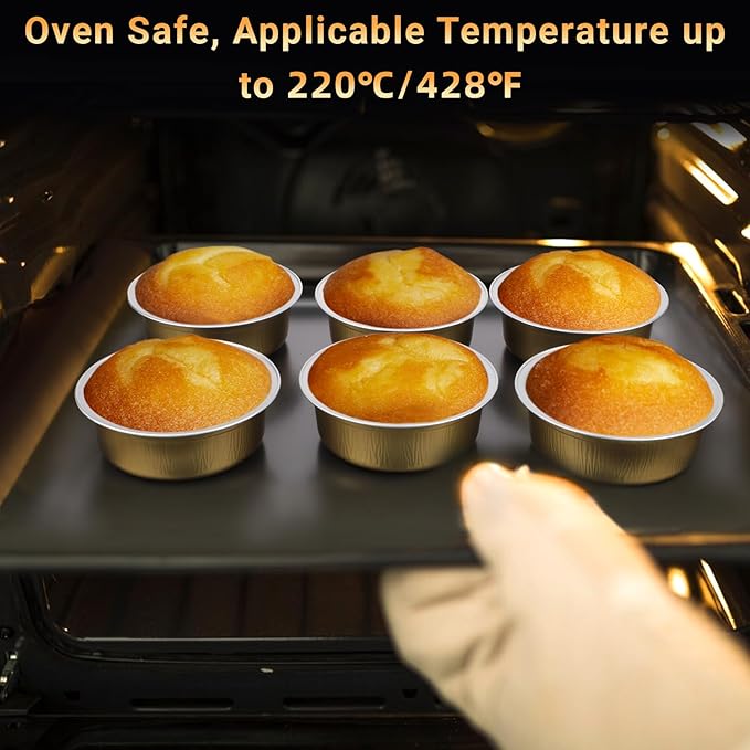 Beasea Aluminum Ramekins With Lids, 100 Pack 8.8oz 260ml 4 Inch Disposable Foil Aluminum Baking Cups Round Oven Baking Mini Cupcake Cups for Party - Golden
