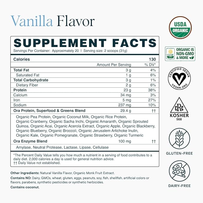 Ora Organic Plant-Based Protein Powder - 23g Protein for Women and Men - Vanilla Flavor 20