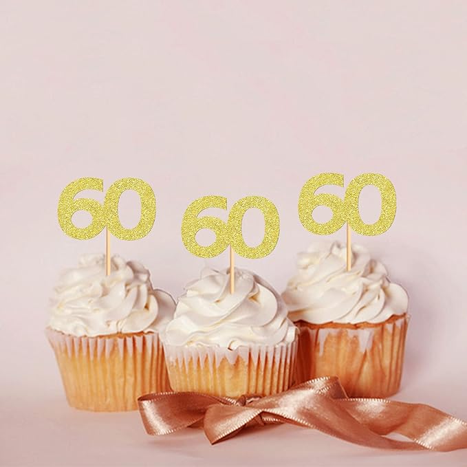 24PCS Gold Glitter 60th Birthday Cupcake Toppers Number 60 Birthday Celebrating Cake Decorations Supplies for Birthday Anniversary Party