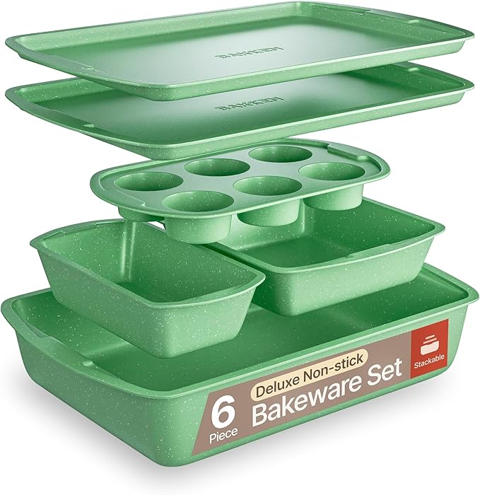 BAKKEN Kitchen Baking Pan Set - Nonstick Green Marble Coating, Commercial Grade Carbon Steel Bakeware Sets, Baking Kitchen Essentials, PFOA, PFOS, PTFE Free, Oven Safe Tray (Up To 450° F), Set of 6