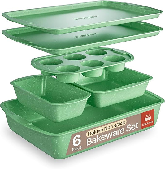 BAKKEN Kitchen Baking Pan Set - Nonstick Green Marble Coating, Commercial Grade Carbon Steel Bakeware Sets, Baking Kitchen Essentials, PFOA, PFOS, PTFE Free, Oven Safe Tray (Up To 450° F), Set of 6