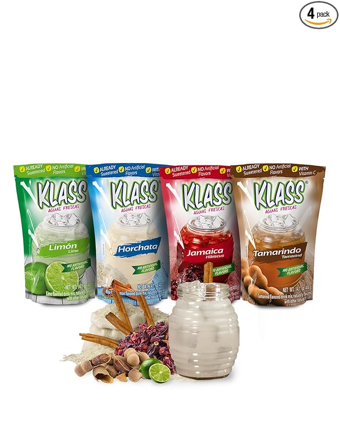 Klass Aguas Frescas | Drink Mix Mexican Variety Pack | Horchata Limeade Hibiscus & Tamarind Drinks | Flavors From Natural Sources, No Artificial Flavors, With Vitamin C (Makes 7 to 9 Quarts) 14.1 Oz Family Pack (4-Pack)