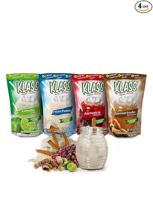 Klass Aguas Frescas | Drink Mix Mexican Variety Pack | Horchata Limeade Hibiscus & Tamarind Drinks | Flavors From Natural Sources, No Artificial Flavors, With Vitamin C (Makes 7 to 9 Quarts) 14.1 Oz Family Pack (4-Pack)
