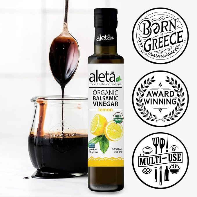 Aleta Farms Balsamic Vinegar, Premium Quality Lemon Infused Balsamic Glaze, USDA Organic, Perfect for Salad Dressings, Pasta, Desserts & Finishing Touches, Made in Greece, 8.45 fl oz (Lemon)