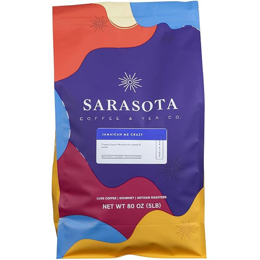 Sarasota Coffee Ground Jamaican Me Crazy | Medium Roast Gourmet Flavored Coffee Grounds | Low Acid, Mold Free, Specialty Grade Flavored Bulk Ground | 5lb (80 oz)