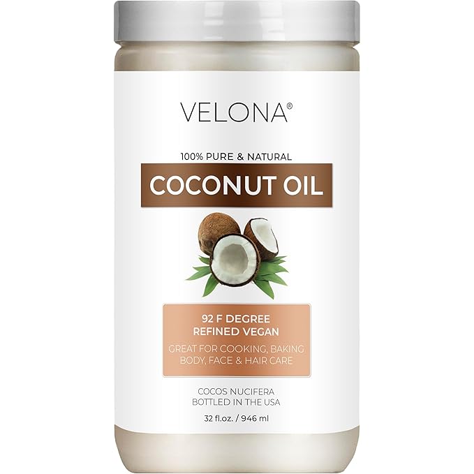 Coconut Oil 92 Degree by Velona - 32 fl oz | 100% Pure and Natural Carrier Oil | in jar | Refined, Cold pressed | Skin, Face, Body, Hair Care | Use Today - Enjoy Results