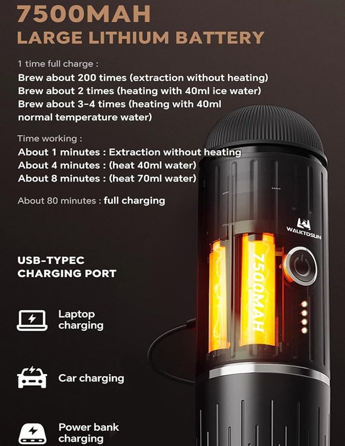 Portable Espresso Coffee Maker Electric Expresso Maker Self Heating Battery Powered, 19 Bar Pressure, Coffee Machine with Ground Coffee & NS Capsule for Travel,Outdoors竊똂amping,RV,Hiking,Office(Black)