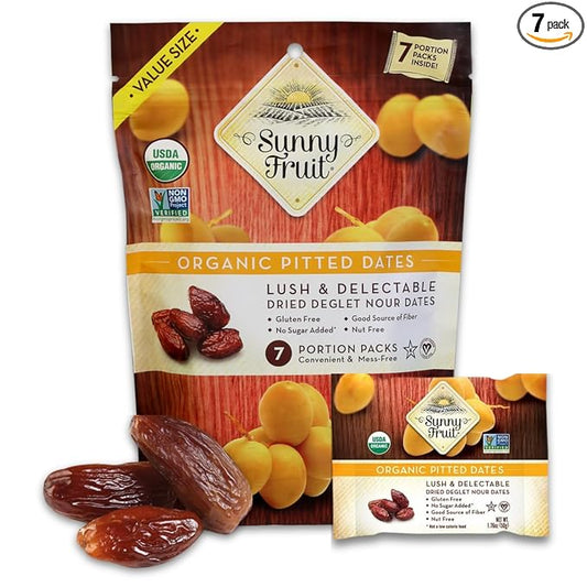 Sunny Fruit Organic Dried Pitted Deglet Nour Dates - 1 Bag (7 Individual Portion Packs) | No Preservatives, No Sugar Added | Healthy, Convenient Superfood Snack Packs | ORGANIC, NON-GMO, HALAL, KOSHER