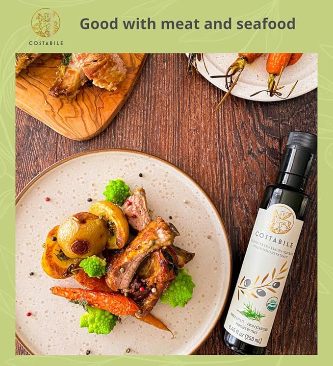 Rosemary Olive Oil - Extra Virgin, Organic Rosemary Oil Cold Pressed from Puglia, Italy - Ideal for Cooking, Dressing, Marinades, Veggies - COSTABILE 8.45 Fl. Oz.
