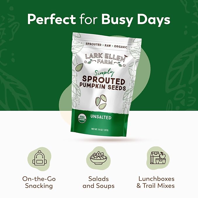 Lark Ellen Farm Sprouted Organic Pumpkin Seeds, Unsalted Raw Pumpkin Seeds Organic, Pepitas, Vegan, Non GMO, Gluten Free, Paleo, and Keto Friendly (14 oz, 3 Pack)