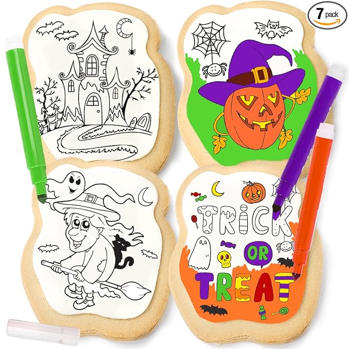 Halloween Cookies Decorating Kit Coloring Gift For Kids Food | 4 Jumbo Cookies + 3 Edible Markers | Individually Wrapped | Activities Pumpkin Witch Ghost Holiday Fall