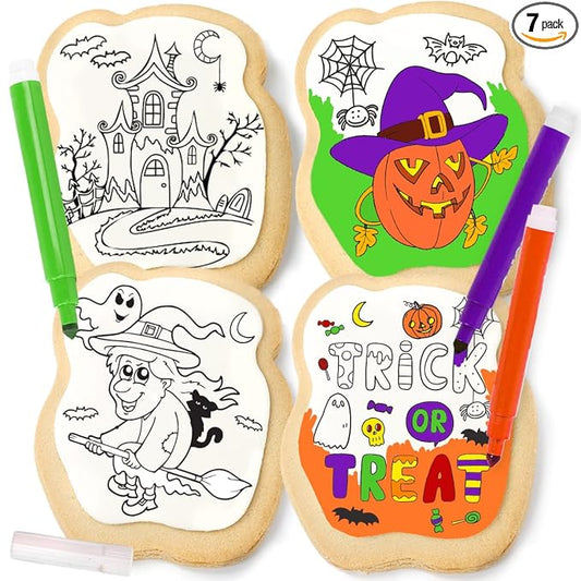 Halloween Cookies Decorating Kit Coloring Gift For Kids Food | 4 Jumbo Cookies + 3 Edible Markers | Individually Wrapped | Activities Pumpkin Witch Ghost Holiday Fall