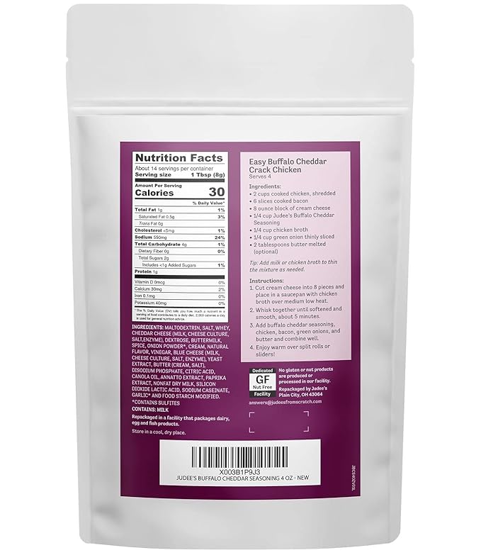 Judee's Gluten Free and Nut Free Buffalo Cheddar Seasoning 4 oz - Great for Salad Dressings, Seasonings, and Dips - Sprinkle over French Fries and Appetizers