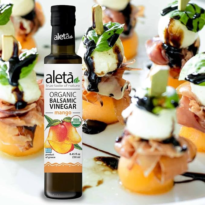 Aleta Farms Balsamic Vinegar, Mango Infused Organic Balsamic Vinegar, Aged, Flavored, USDA Organic, Glass Bottle, Product of Greece, 8.45 oz (Mango)
