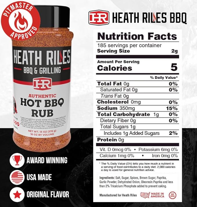 Heath Riles BBQ Rub, Hot BBQ Rub Seasoning, Champion Pitmaster Recipe, Shaker Spice Mix, 13 oz.