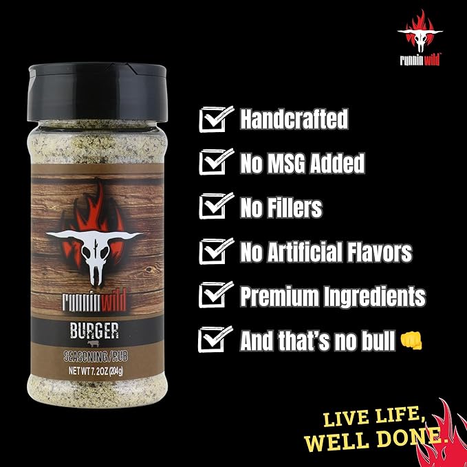 Burger Seasoning | Premium Hamburger Seasoning for Smash Burgers, Burger Patties, Turkey Burgers, Meatloaf, Steak, and Beef | Runnin??Wild Foods (7.2 Ounce)