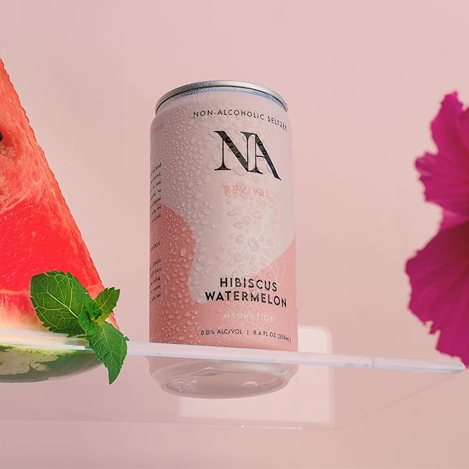 NA Functional Non-Alcoholic Drinks with Mushrooms & L-Theanine | Sea Salt for Hydration | Low Sugar, Low Calorie Adaptogen Social Tonic, Hibiscus Tea and Watermelon Mocktail, 8.4oz Cans (12 Pack)