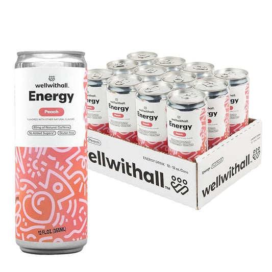 WellWithAll Peach Energy Drink ??Caffeine from Tea ??With Vitamin C ??Lightly Sparkling Beverage ??Fruit & Veggie Juice Blend ??12 Oz (Pack of 12)