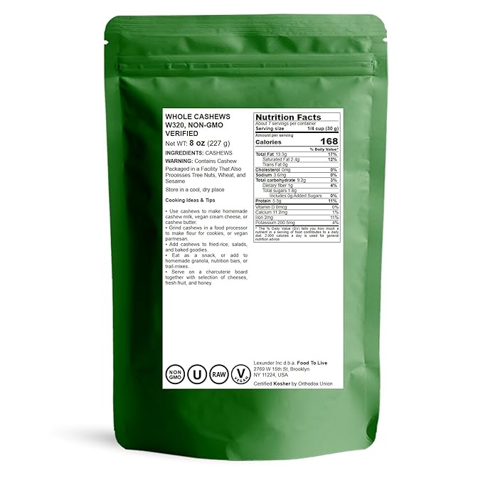 Food to Live Raw Cashews, 1 Pound ??Non-GMO Verified, Deluxe Whole Nuts, Unsalted, Unroasted, Size W-320, Vegan, Kosher, Bulk