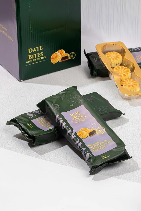 Snacklava Pistachio Date Bites - 20 Pack (3 Pieces per Pack) - Pistachio and Date Filled Maamoul Shortbread Cookies - No Artificial Ingredients, Colors or Preservatives