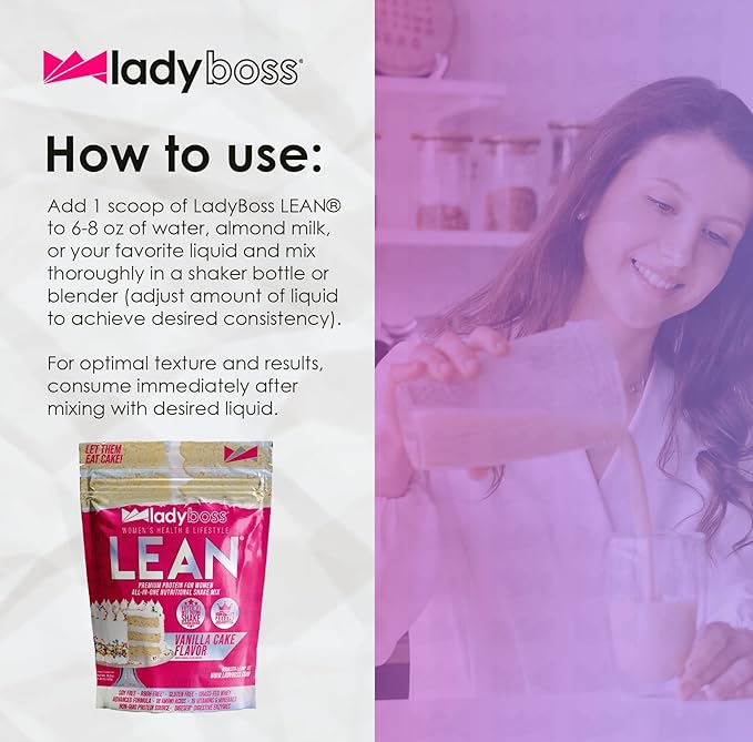 LadyBoss Lean Protein Shake Vanilla Cake Flavor - Meal Replacement & Craving Support with Grass-Fed Whey, 18 Vitamins & Nutrients - 30 Servings