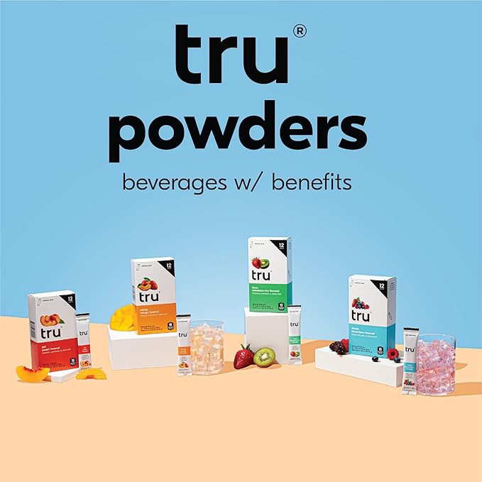 Tru Energy Powder, Natural Caffeine Supplement with Green Tea Extract, Pre Workout Drink Mix with Vitamin B6, Vitamin B12, Monk Fruit & Stevia, Sugar Free, Gluten Free, Vegan, Mango Flavor, 12 Packets