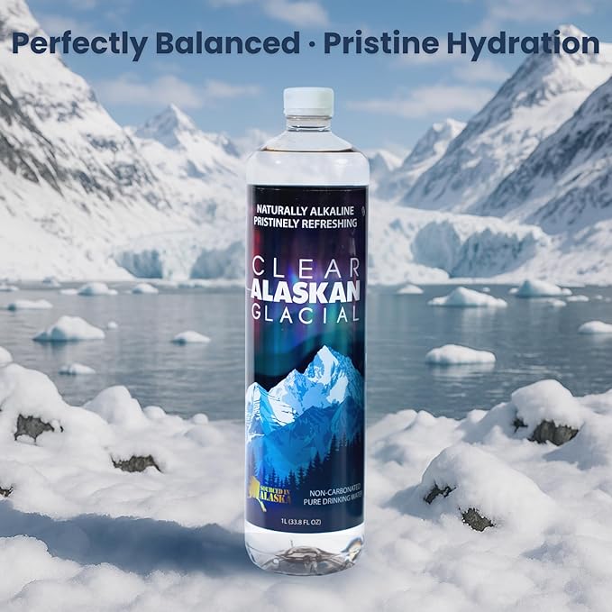 Clear Alaskan Fresh Glacier Water - Naturally Alkaline Glacial Water, rich in Minerals and Electrolytes | 33.8 Fl Oz (1000 ml) - Pack of 12 | Pristine and bottled at the source in BPA-free plastic bottles