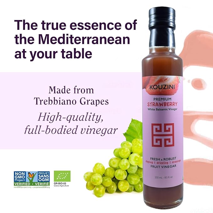 Kouzini Ultra Premium Strawberry Fruit White Balsamic Vinegar, Aged Balsamic Vinegars from Modena, Italy, Premium, Smooth & Full-Bodied Flavor, 250ml Bottle