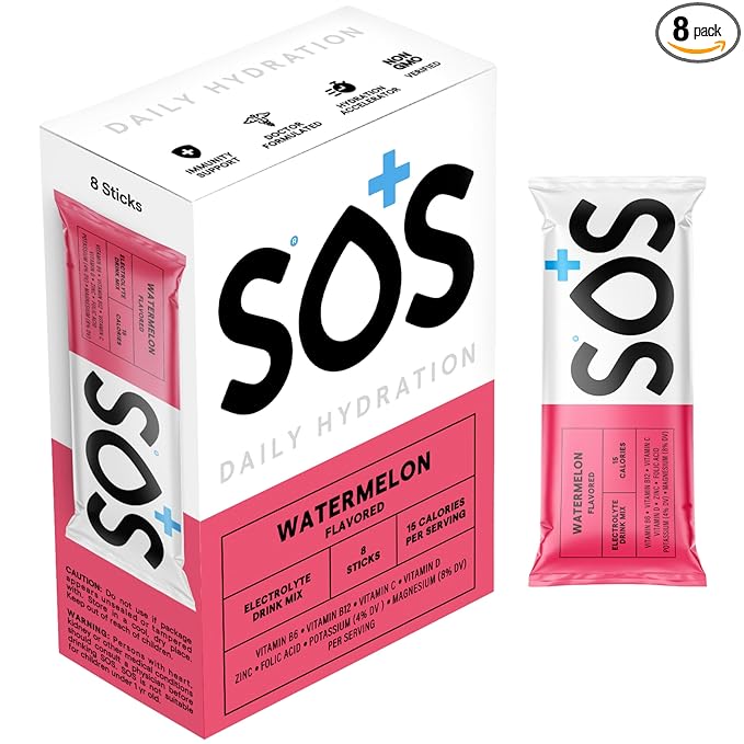 SOS Hydration Electrolyte Powder Packets, Watermelon Flavor, 8 Stick Packs ??Low-Calorie, Rapid Rehydration, Made in USA, Keto & Vegan Friendly
