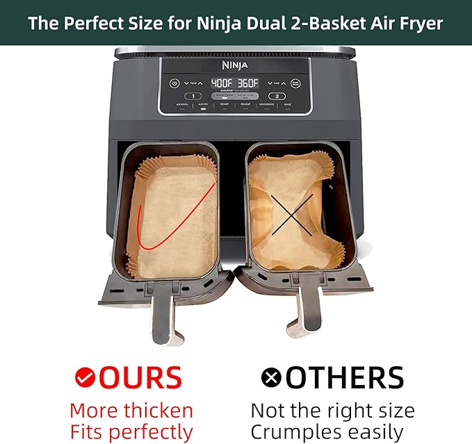 Air Fryer Disposable Paper Liners for Ninja Dual Airfryer Accessories, Non-Stick Parchment Rectangular for Baking, Oil Proof, Water Proof, for Microwave Oven (100PCS, 8.6in x 5.5in)